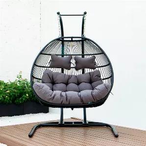 <h2>Features:</h2> <p>a unique invention for this egg chair is to have fully folding capabilities including the stand for easy disassemble and assemble..</p> <p>High-quality durable iron frame, UV-Resistant, and rust resistance great for outdoor use.</p> <p>Hand-woven and handcrafted Wicker material by outstanding craftsmen.</p> <p>Cushion made from outdoor fabric and filled with soft Cotton, breathable design.</p> <p>Supported by a stand constructed from strong and durable iron Fits 2 people</p