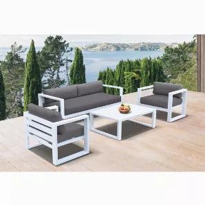 <p>Make the most of your outdoor space with this Armen Living Aegean 4-piece seating set. Each item features a frame crafted to perfection creating a sleek and clean look with a modern flare. The Alum exterior frame is UV resistant and helps protect against the effects of inclement weather, while the 100% polyester cushions are waterproof, durable yet comfortable for you and your guests. A block frame design reflected on both the seatings and the coffee table creating a cohesive look with a cont