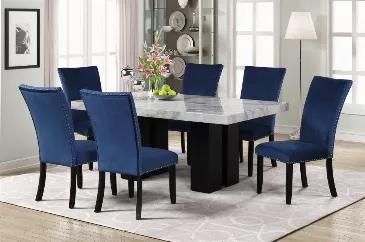 <h4><br></h4> <ul> <li>Faux Marble Dining Set with 1 Dining Table and 6 Chairs, Blue</li> <li>Elegantly-patterned faux marble dining table top MDF table base.</li> <li>Contemporary d?(C)cor with this aesthetic and impressive 70inch x 42inch</li> <li>dining tabletop.</li> <li>Velvet-upholstered chairs with nail-head trim.</li> <li>Seating capacity: 6 persons</li> <li>Load-bearing: Table about 600lbs, Chair about 250lbs</li> </ul> <h4> <br>Details:</h4> <p>Product size:</p> <p>Table: 70?EUR?(L)x 4