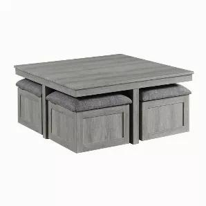 <p>Features:</p> <p>Picket House Furnishings Dawson Coffee Table with Four Storage Stools set.</p> <p>The set includes a coffee table and four stools that you can tuck neatly beneath the table.</p> <p>It is constructed in solid woods, 3D paper, and finished in a weathered grey.</p> <p>The stools can be used as a footrest, additional storage, or extra seating for guests.</p> <p> </p>