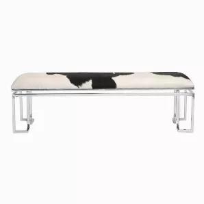 <p>Features:</p> <p>This modern bench combines unfinished cowhide on a slick stainless steel frame for a fashionable, designer look.</p> <p>Can be used in an entryway, bedroom, or dining room for a uniquely personal touch to your d?(C)cor.</p> <p>Unique designer style for an eclectic look.</p> <p>Details:</p> <p>Dimensions: 60W 16D 18.5H.</p> <p>Product weight: 38lbs.</p> <p>Seat Height: 18.5</p> <p>Color: Silver.</p> <p>Product requires assembly.</p> <p>1-year limited warranty (covered for any 