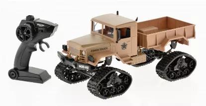 1:16 scale army truck with wheels and tracks. It takes 2 minutes to exchange between them giving the truck the ability to drive pretty much on any surface sand, snow, ice, rocks or floors. The tuck has a metal chassis and metal leaf springs that give it maximum flexibility and real looks.  2.4 GHz remote system prevents interference and rechargeable batteries are environmentally friendly. Run time is about 15 minutes per charge. The truck has headlights for night driving.