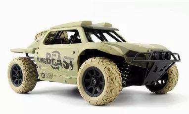 1:18 scale FAST 4WD all terrain truck with 2.4 GHz remote that allows to race up to 50 trucks with no interference, Top speed of 20 MPH and range of 250 feet. The aggressive tire treads allow to drive it practically on any surface and get the most out of it. Intuitive remote with trim adjustments for the steering and throttle.