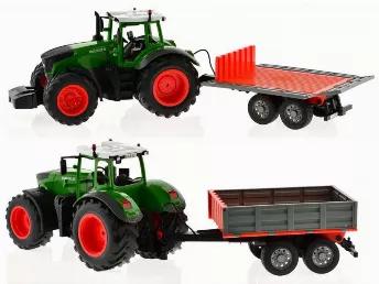 2.4 GHz RC tractor with trailer that can go up and down controlled from the remote. The tractor goes forward and reverse turns right and left and has sound and lights. Range is 150 feet run time 15 minutes per charge on rechargeable batteries (included)