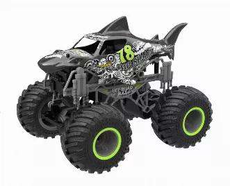 1:16 scale big wheel Shark truck. This truck is 2WD goes up to 13 MPH with 2.4 GHz remote that allows to run up to 50 of these items at the same time with no interference. Rechargeable batteries are environmentally friendly and save $$. Control range is 150 feet and run time about 15 minutes per charge. 