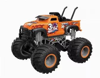 1:16 scale big wheel Monster jam truck. This truck is 2WD goes up to 13 MPH with 2.4 GHz remote that allows to run up to 50 of these items at the same time with no interference. Rechargeable batteries are environmentally friendly and save $$. Control range is 150 feet and run time about 15 minutes per charge. 