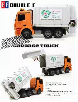 This garbage truck is almost like the real one except smaller. It drives forward and back turns right and left has the sound of the real diesel truck and have lights to show the way.  You can open the rear and dump the contents of the truck. It has screws to push the garbage to the front of the bed and even comes with a garbage can. Running with 2.4 GHz remote system you can have a fleet of up to 50 of these running at the same time with no interference and the rechargeable batteries will run fo