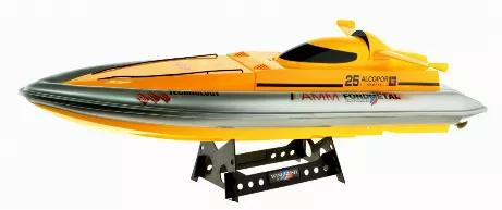 This very large 32 inch speed boat will stand out in the lake or pond and provide fun and pride to the user. Dual motors give it the power to glide over the water going forward, reverse turn right and left. The Lipo batteries included will run the boat for 15 minutes on a charge. The range of this boat is 250 feet and top speed is just over 10 MPH. 2.4 GHz remote system allows to race up to 50 boats at the same time with no interference.
