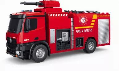 1:14 scale ladder fire truck with real water cannon that shoots water up to 6 feet. The water cannon can be raised and lowered turn right and left. The siren can be turned on and off and the lights are switcchable from the remote. When the truck turns the signal lights come on.