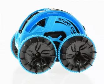 4WD stunt car that is loads of fun. It drives forward back turn right and left and with the 4WD it will spin and tumble . 2.4 GHz remote system allows to run up to 50 of them at the same time with no interference. Rechargeable batteries give it 20 minutes of fun per charge. Drive it in water sand or any flat surface.