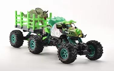 1:12 scale 4WD jungle truck with a trailer and a dinosaur. The trailer can be detached from the truck and the dinosaur can be played separately. The truck has a 2.4 GHz remote system that allows to drive a fleet of these trucks - up to 50 with no interference. Rechargeable batteries allow to drive the truck for about 20 minutes between charging. The big wheels provide for driving in mud or wet areas with no issues. you can change the the suspension to run the truck high for rock climbing and low