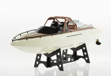 This speed boat will stand out in the lake or pond and provide fun and pride to the user. It has dual motors to give it the power to glide at almost 10 MPH over the water going forward, reverse turn right and left. The Lipo batteries included will run the boat for 20 minutes on a charge. The range of this boat is 150 feet and top speed is about 10 MPH. 2.4 GHz remote system allows to race up to 50 boats at the same time with no interference.