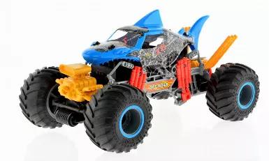 1:16 scale big wheel Shark truck with working engine and smoke function. This truck is 2WD goes up to 13 MPH with 2.4 GHz remote that allows to run up to 50 of these items at the same time with no interference you can turn On and Off the working engine and the smoke function. Rechargeable batteries are environmentally friendly and save $$. Control range is 150 feet and run time about 15 minutes per charge. 