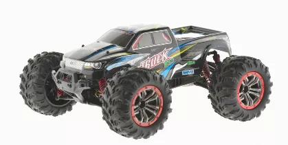 1:10 scale 4WD monster truck with dual motors, top speed of over 36 MPH controlled with 2.4 GHz remote and powered with rechargeable Lipo battery. Range of 250 feet and run time of 15 minutes per battery charge.