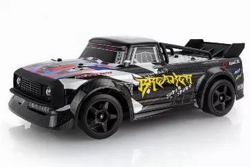 1:16 scale Brushless Hoonigan racing truck with 450 feet range 25 MPH top speed and 2.4 GHz remote control. The truck has a fgyro to hep steer it at high speed the gyro kicks in at 50% throttle and will keep the truck going where the driver wants it to go.  Bright LED head lights have 3 modes selectable from the remote, and a rear light is in the middle of the rear bumper. The electronics are water resistant so driving it in puddles is no issue. Drive the truck on flat surfaces as the ground cle