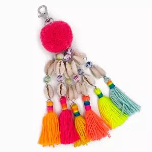 Multi Color Tassels with shells and pom-pom. Silver Plated.