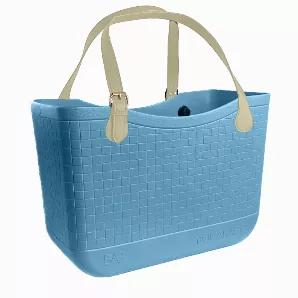 This BuildABagg is from the 'BocaBagg' Collection, in the color Sky. It is a large tote made from EVA material and large enough to fit all your essentials. The stylish BocaBagg features a beautiful box weave texture. Choose from the Classic Rope, Brilliant Braided or the Vegan Buckle Handle. The BocaBagg is eco-friendly, waterproof, lightweight, and very durable. It has a non-slip bottom and won't tip over. A modern, customizable bag used for the beach, pool, lake, boating, shopping, and travel.
