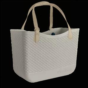 This BuildABagg is from the 'MauiBagg' Collection, in the color Platinum. It is a large tote made from EVA material and large enough to fit all your essentials. The elegant MauiBagg features a chic, quilted diamond pattern. Choose from the Classic Rope, Brilliant Braided or the Vegan Buckle Handle. The MauiBagg is eco-friendly, waterproof, lightweight, and very durable. It has a non-slip bottom and won't tip over. A modern, customizable bag used for the beach, pool, lake, boating, shopping, and 