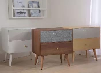 Ralph is our stylish smart side table with deep drawer storage available in walnut, oak and white finish. Features include integrated wireless charging technology, premium Bluetooth speakers