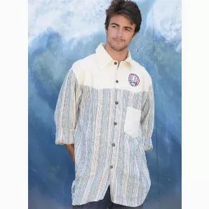 <p>A great lightweight shirt for men. It is made from natural cotton with the shoulder panels being solid natural and adorned with a spaced out steal your face embroidery. The rest of the shirt is a handwoven striped Nepali fabric with a large solid color pocket on the left chest.</p> <p>Measurements:</p> <p>Medium: Chest 44 inches, Length 29 inches</p> <p>Large: Chest 46 inches, Length 30 inches</p> <p>XLarge: Chest 48 inches, Length 31 inches</p> <p>XXLarge: Chest 50 inches, Length 32 inches</