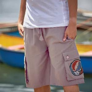 <p>Although these are our standard men's cargo shorts with elastic waist, they have a fabulous spaced out Steal Your Face Embroidery on the both the cargo pockets. This turns these shorts from ordinary in extraordinary. If you're a deadhead, these are the shorts for you.Plus they are so comfortable, made of a thin light cotton fabric.</p> <p>Measurements</p> <p>Medium: Waist 28-34, Length 24.5 inches, Inseam 9.5 inches</p> <p>Large: Waist 36-38 inches, Length 25 inches, Inseam 10 inches</p> <p>X