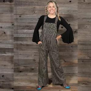 <p>PHEOBE OVERALLS Cotton Striped Tiered Flare Pants Black and Tan</p>