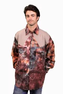 <p>This cowboy shirt will grab so much compliments due to the beautiful tie dye work. The colors and shapes will remind you of the cosmos. The shoulders were left black to keep a balance and also for you to add your favorite patches. Wear it with your favorite pants or jeans and don't forget to add one of Jayli's jackets.</p> <p>Measurements:</p> <p>Medium: Chest 48 inches, Length 29 inches</p> <p>Large: Chest 50 inches, Length 30 inches</p> <p>XLarge: Chest 52 inches, Length 31 inches</p> <p>XX