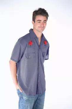 <p>This is such a cool looking and unique men's shirt. There are a lot of Grateful Dead t-shirts out there, but no shirts as cool looking as this one. Made from soft cotton, it has a double rose embroidery on the front and a skull and roses on the back. Front pockets and coconut buttons give a fresh and unique style to this short sleeve shirt.</p> <p>Measurements:</p> <p>Medium: Chest 44 inches, Length 29 inches</p> <p>Large: Chest 46 inches, Length 30 inches</p> <p>XLarge: Chest 48 inches, Leng