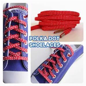 <p><strong>Red Polka Dot Shoelaces.  These are fantastic shoe laces to wear on white, navy or any blue canvas shoe.</strong></p>
<p><strong>These Fun Shoestrings </strong><strong>have a great retro feel, perfect for anyone who loves vintage and retro clothing. </strong></p>
<p><strong>As you can see from our photos, these cute laces work well on many different canvas shoes. We especially like how they look on these navy and white converse.</strong></p>
<p><strong>Lacing up your chucks is super e