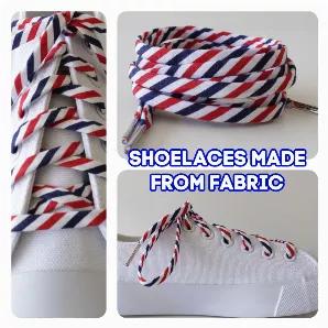 <p><strong>Shoelaces with red, white and blue stripes. These are such great Cute Laces, they look good on any color shoe! </strong></p>
<p><strong>We add Metal-Tips to the end of the shoelaces to make them easier to lace up. Available in 4 lengths.</strong></p>
<p><span>Can't decide what length to buy? Best to measure your existing laces. Check out our length recommendation chart. Here are some shoelace length recommendations:</span><strong><br><br>Little Kids Low Top 27? (68cm)<br>Junior Low To