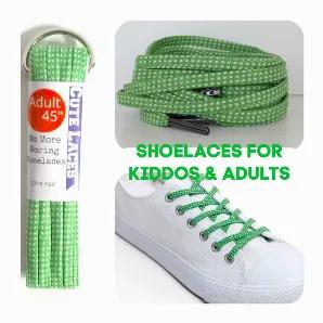 <p><strong>Shoelaces with green background with tiny white spots.  </strong></p>
<p><strong>These shoe laces are made in downtown Los Angeles. We pride ourselves on choosing awesome patterns to make our shoelaces stand out. We add metal aglets (tips) to the ends. This makes threading your laces into your shoes super easy.</strong></p>
<p><strong>27" - Little Kids Low Tops (approx age 5-6 years) 3-4 eyelets<br>36" - Junior Low Tops (approx age 6-11) 4-5 eyelets / Also adult traditional Vans low t