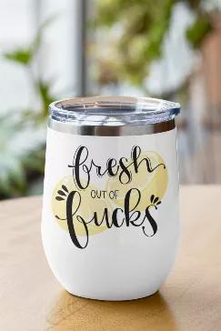 <p>What's better than sippin' your wine out of a tumbler that says "Fresh out of Fucks"?<strong> </strong><br></p><p style="text-align: left;" data-mce-fragment="1" data-mce-style="text-align: left;"><strong data-mce-fragment="1">This stainless steel tumbler comes with a plastic lid helps to keep your drink in place and keep it just the right temperature for longer.</strong><br data-mce-fragment="1"></p><ul data-mce-fragment="1"><li data-mce-fragment="1">12oz white stainless steel sublimation wi