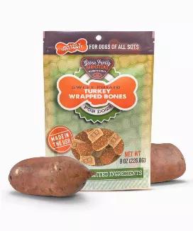 A safe and healthy treat for any sized dogs. Our Sweet Potato Bones wrapped in turkey are the same soft bone with some added protein. Same locally sourced sweet potato paired with all natural and locally sourced turkey breast made with limited ingridients. Sweet Potatoes are a great source of protein, fiber, vitamins, amino acids and antioxidants; which our essentail part for a helathy balanced diet. These treats are 100% all natural, free of any ingredients that could be harmful to your dog.