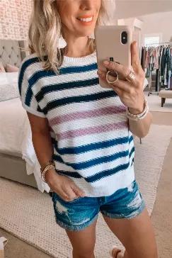 Camel Crew Neck Striped Knitted Top