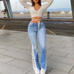 High Waisted Raw Hem Ripped Side Bootcut Jeans