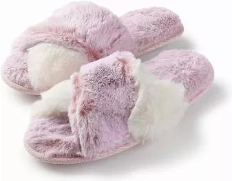 TRENDY DESIGN: These fluffy slippers are designed with beautiful They are available in two colors  Gray and Pink. These warm slippers are the perfect gift for any occasion for mom, daughter, wife, or girlfriend. Machine washable. <br> <br>
<ul>
<li>Rubber sole CASUAL COMFORT: These slip-on design slippers with a faux fur finish are super comfortable and are designed with high-quality memory foam. The embossed non-skid outsole provides a safe and slip-resistant walk and will make these cozy slipp