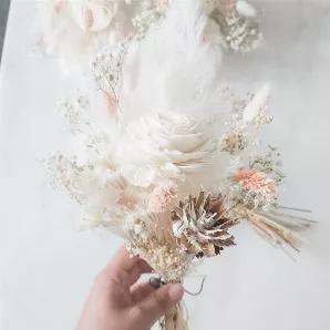 <p>Simply a fun pastel bundle of dried and preserved flora...this bouquet perfectly pairs soft pastels and neutral tones of white and beige. </p><p>Perfect for a mini bridal bouquet or bridesmaid bouquet! Choose to place in a small vase and enjoy the soft tones of pastel. This arrangement can also be used as a centerpiece.</p><p>Each bouquet is made to order and will include a sola rose, baby's breath, pampas grass, bunnytails, and Phalaris. </p><p>Due to the natural materials used each bouquet 