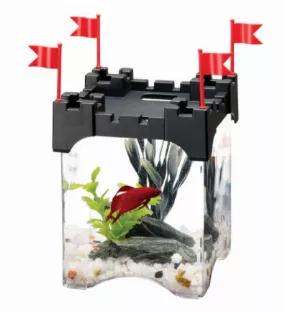 The Aqueon Betta Castle Kit includes a half-gallon aquarium suitable for single fish, shaped like a medieval castle turret, as well as decorations, gravel, and samples of food and water care.
