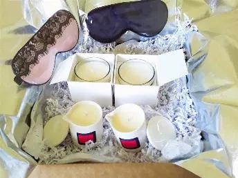 <p>Gift for Couples, luxury spa massage gift box. </p> 

<p>Celebrate love with this one of a kind gift box set.  Filled with luxurious gifts; 100%  mulberry silk sleep masks, natural, vegan sensually scented soy wax candle set, luxury therapeutic spa massage oil candle set.</p>  

<p>Gift box set contents:</p>

<p>Two sensual Aromatherapy massage oil candles:</p>

<p>Experience total relaxation... the sheer bliss of a day in the spa; right at home.   Our gentle, pleasant warm oils gliding onto 