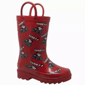 Your kid will love any chance he gets to run around in the rain and splash in every puddle with these red rubber rain boots, emblazoned with the Case IH Logo and Big Red, the Magnum Tractor. The boot's outsole has thick treads for firm traction in the mud, and is equipped with loops to make it easy to pull on and off.