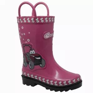 Keep her toes dry and warm as she runs around in the rain splashing through the puddles with these cute pink rubber boots, featuring Fern the Farmall Tractor and the pink Case IH logo. These boot's outsole has thick treads for firm traction in the mud, and is equipped with loops to make it easy to pull on and off.
