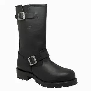 This 11 inch black heavy-duty full-grain leather upper engineer biker boot is tough enough to protect against any harsh work environment and classy enough to convey status. The split shaft and two adjustable straps with buckle closures allow for a tailored fit at the calf. There is also Goodyear welt construction that ensures durability.