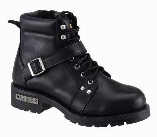 This 6 inch black biker boot is built for comfort, durability, and traction. Extra heavy duty traction sole for added protection and style. This boot has goodyear welt construction and also features top quality full grain oil leather, lace up design with buckle strap, and YKK zipper.
