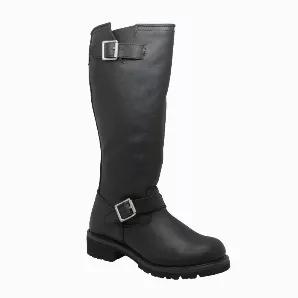 This 16 inch black heavy duty full-grain leather upper engineer biker boot is tough enough to protect against a harsh work environment and classy enough to convey status. A split shaft and two adjustable straps with buckle closures allow for a tailored fit at the calf. Another plus is the Goodyear welt construction that ensures durability.