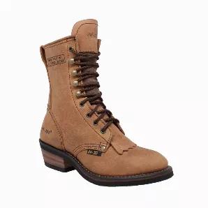 This 8 inch crazy horse leather packer boot is a popular packer style boot for ladies. It has solid brass hooks and eyelets that resist breakage and resist corrosion. It also features goodyear welt construction and PU orthotic removable cushion insole.