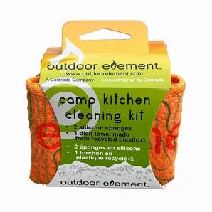 Keep that camp kitchen clean with OE's cleaning kit. Kit contains 2 silicone sponges and 1 wash towel. Silicone sponges are the perfect size for camping, quite durable, resistant to mildew, dry easily and allow you to scrub without being too abrasive. Sponges are 2.75 x 2.75 x 0.75 inches and 0.45 oz each. The cleaning towel is made from recycled water bottles, dries fast and just the right size for your camp kitchen. The towel is just under 12 x 12 inches and 0.7 oz.
