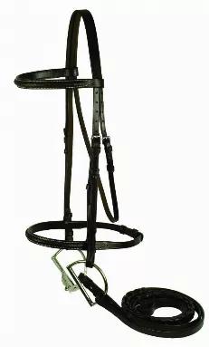 Beautifully crafted from supple, pre-conditioned leather. This bridle is a braided raised leather bridle and has white stitching on it, it comes with plain laced reins which have hook studs for the attachment of a bit.