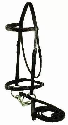 Made with supple, pre-conditioned leather, this plain double raised leather bridle has plain laced reins with hook studs and stamped steel hardware.