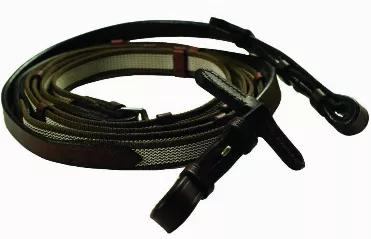 Beautifully crafted from supple, pre-conditioned leather, these reins are made of a 5/8" leather and cotton web with white rubber interwoven for better grip without the bulk of true rubber reins. They are great for training and have a buckle at the top, leather reins stops and hook studs to attach to the bit. 9 ft length.