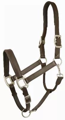 Made of a supple leather, features satin-finish nickel-plated hardware, double buckle crown, snap on the side, adjustable chin, rolled throat and is self padded on the noseband and crown piece. Great for anything from turn-out to trailering.